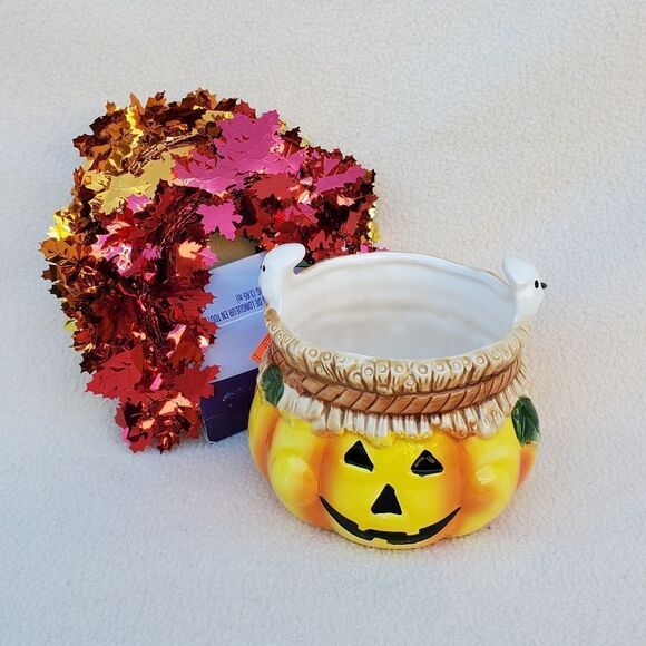 Fall bundle of a jack-o-lantern candy dish and metallic leaves garland - Picture 1 of 11